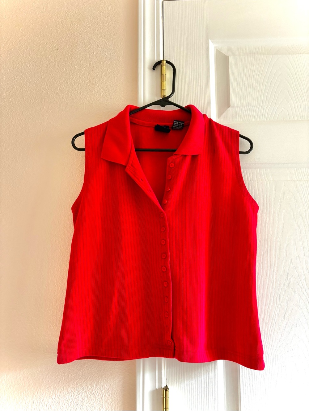 Vintage I Am Red Ribbed Sleeveless Button-Up Polo Shirt Size L